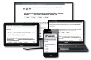 Online exam simulation mode for 2023 NEC displayed on multiple devices.