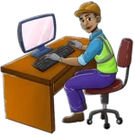 Illustration of a construction worker sitting at a desk using a computer.