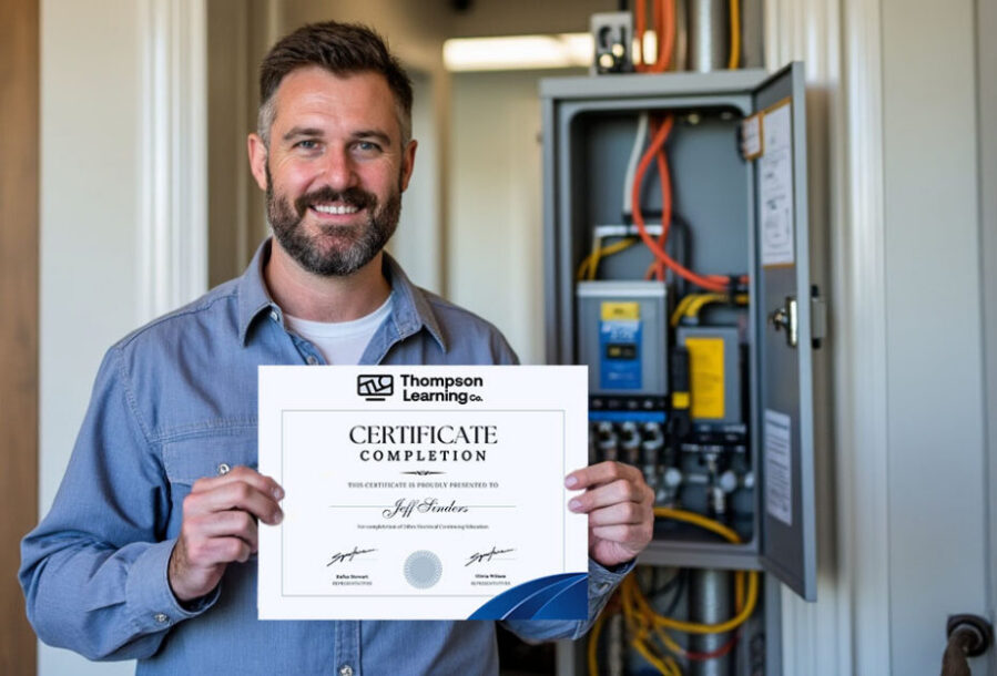 A smiling professional electrician holding a Thompson Learning Co. Certificate of Completion for electrical continuing education in front of an open electrical panel.