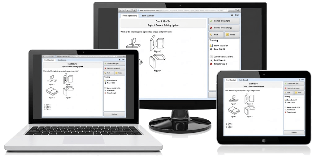 TLC interactive CA contractor license exam prep platform displayed on a laptop, tablet, and desktop monitor showing online practice tests and progress tracking.