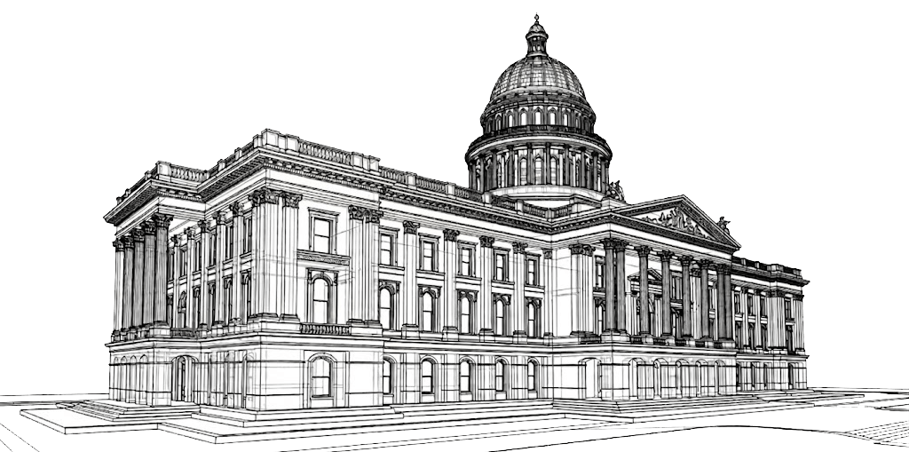 An architectural wireframe blueprint sketch of the California State Capitol building on a black background.