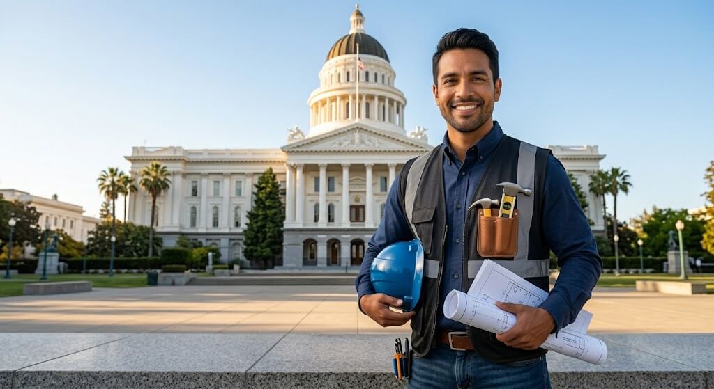 A smiling California contractor holding blueprints and a blue hard hat in front of the State Capitol building in Sacramento.