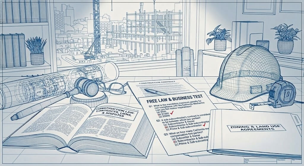 Blueprint-style wireframe illustration of a desk covered in construction law materials, including an open law book, gavel, blueprints, hard hat, and zoning agreement folders.