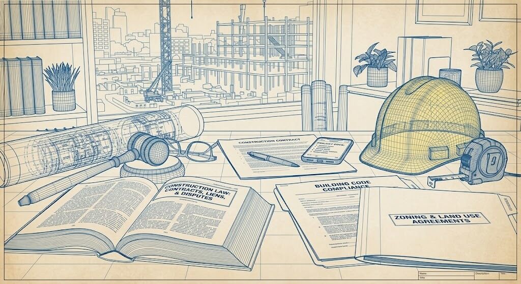 Blueprint-style wireframe illustration of a desk covered in construction law materials, including an open law book, gavel, blueprints, hard hat, and zoning agreement folders.